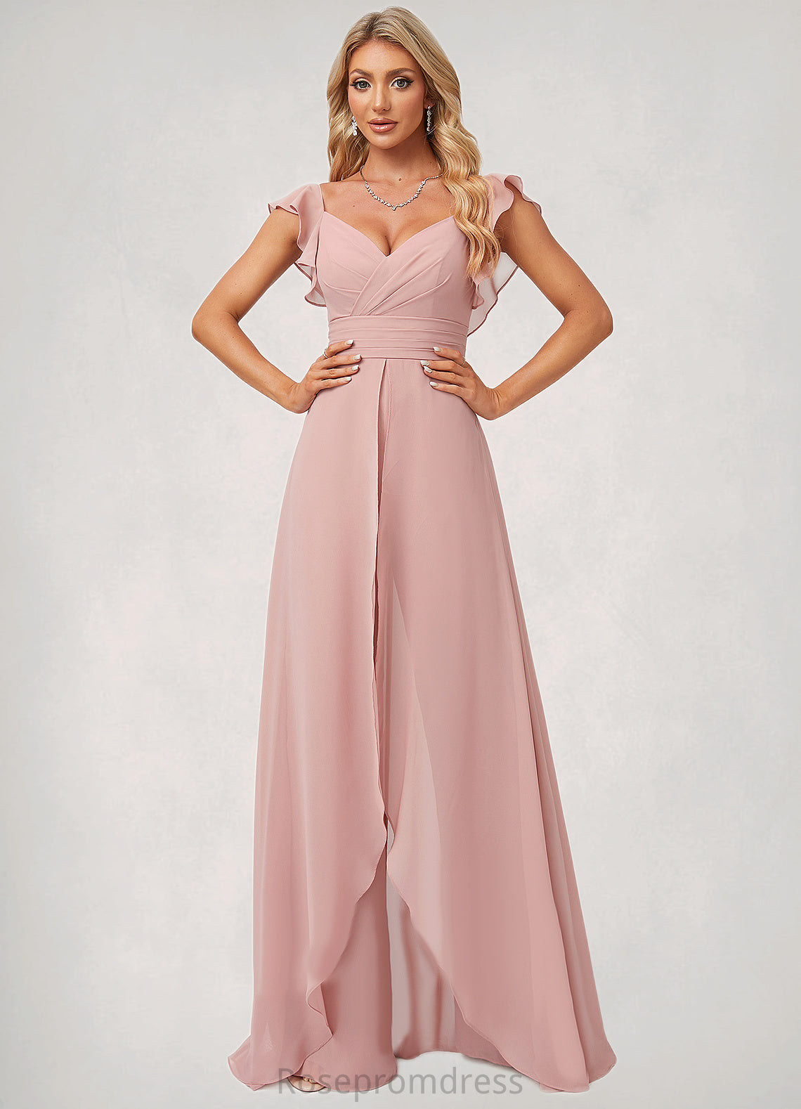 Ella Jumpsuit/Pantsuit V-Neck Floor-Length Chiffon Bridesmaid Dress With Ruffle SRSP0022600