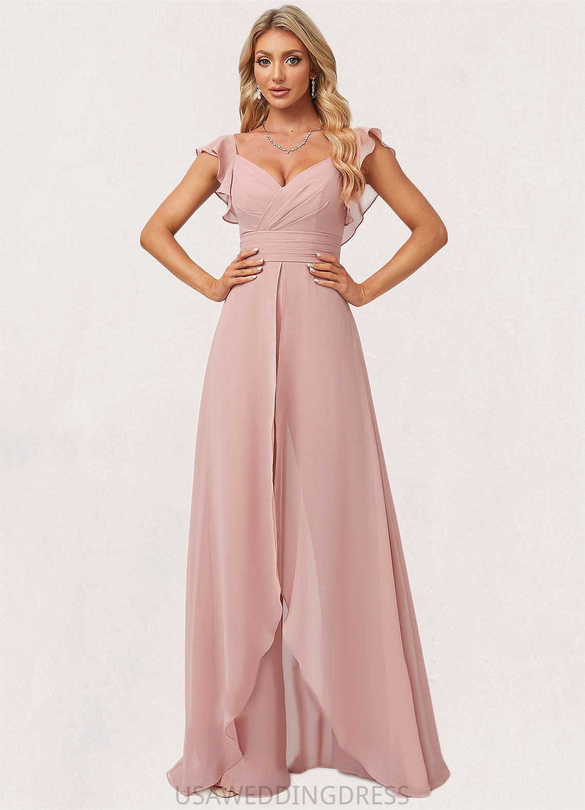 Alula Jumpsuit/Pantsuit V-Neck Floor-Length Chiffon Bridesmaid Dress With Ruffle DSP0022600