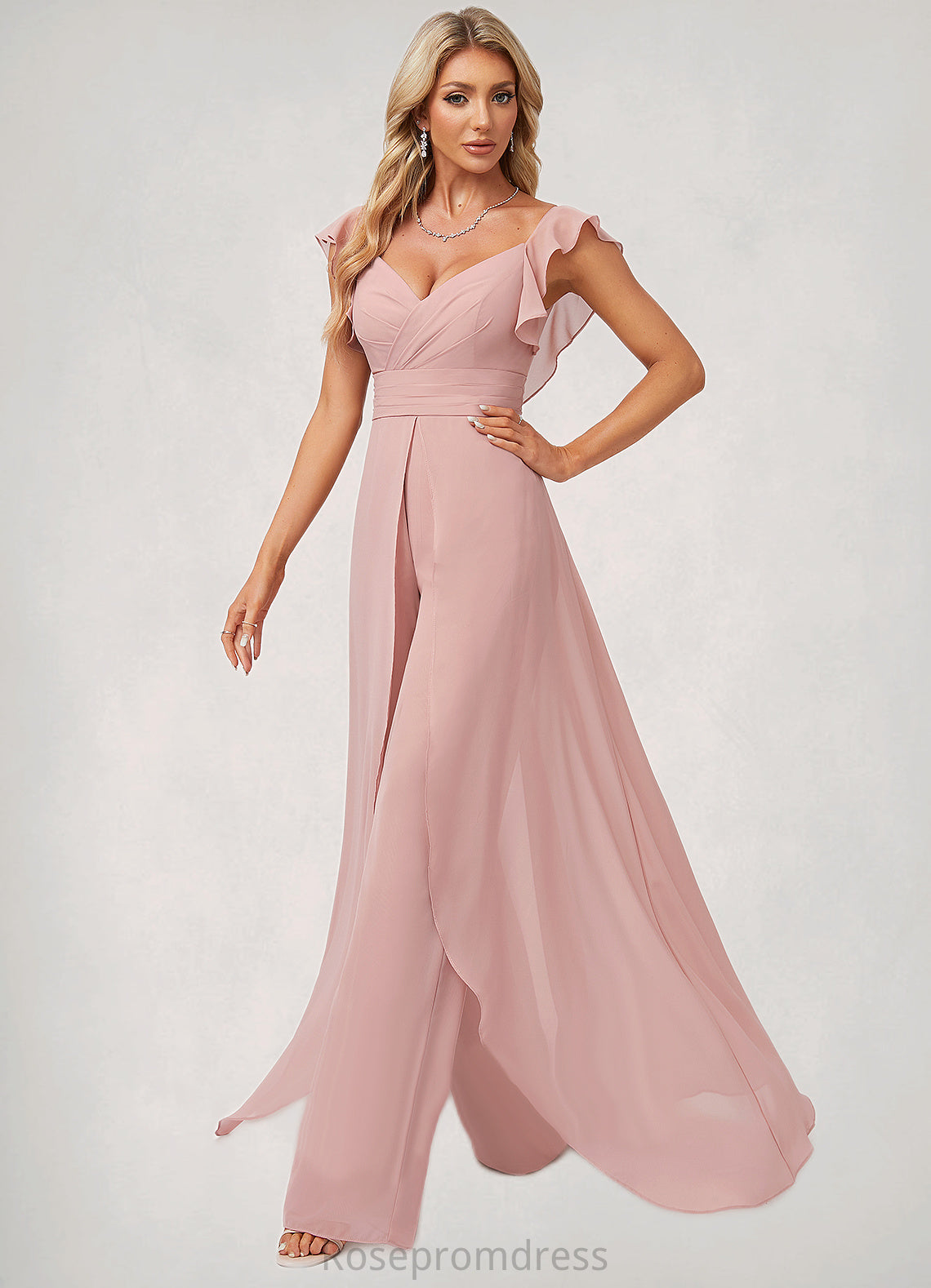 Ella Jumpsuit/Pantsuit V-Neck Floor-Length Chiffon Bridesmaid Dress With Ruffle SRSP0022600