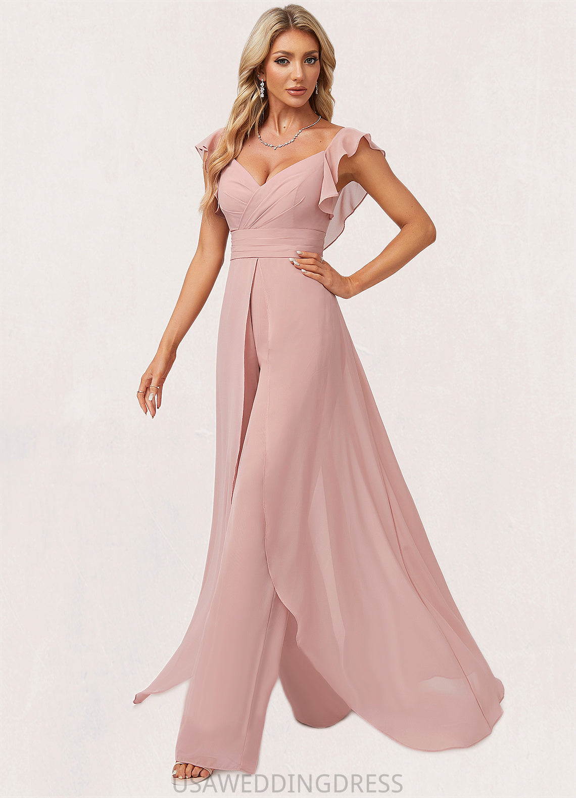 Alula Jumpsuit/Pantsuit V-Neck Floor-Length Chiffon Bridesmaid Dress With Ruffle DSP0022600