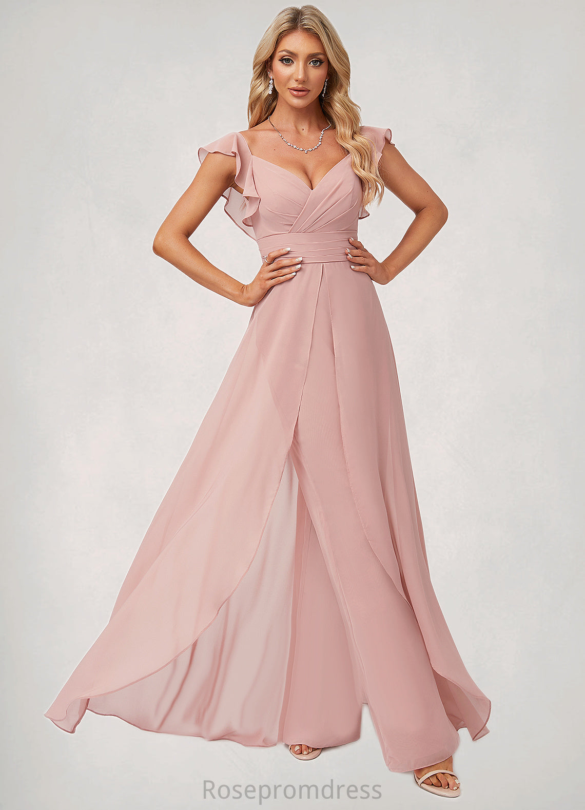 Ella Jumpsuit/Pantsuit V-Neck Floor-Length Chiffon Bridesmaid Dress With Ruffle SRSP0022600
