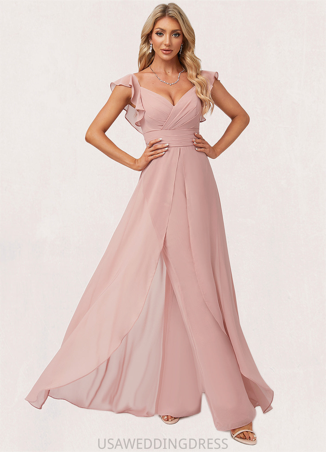 Alula Jumpsuit/Pantsuit V-Neck Floor-Length Chiffon Bridesmaid Dress With Ruffle DSP0022600