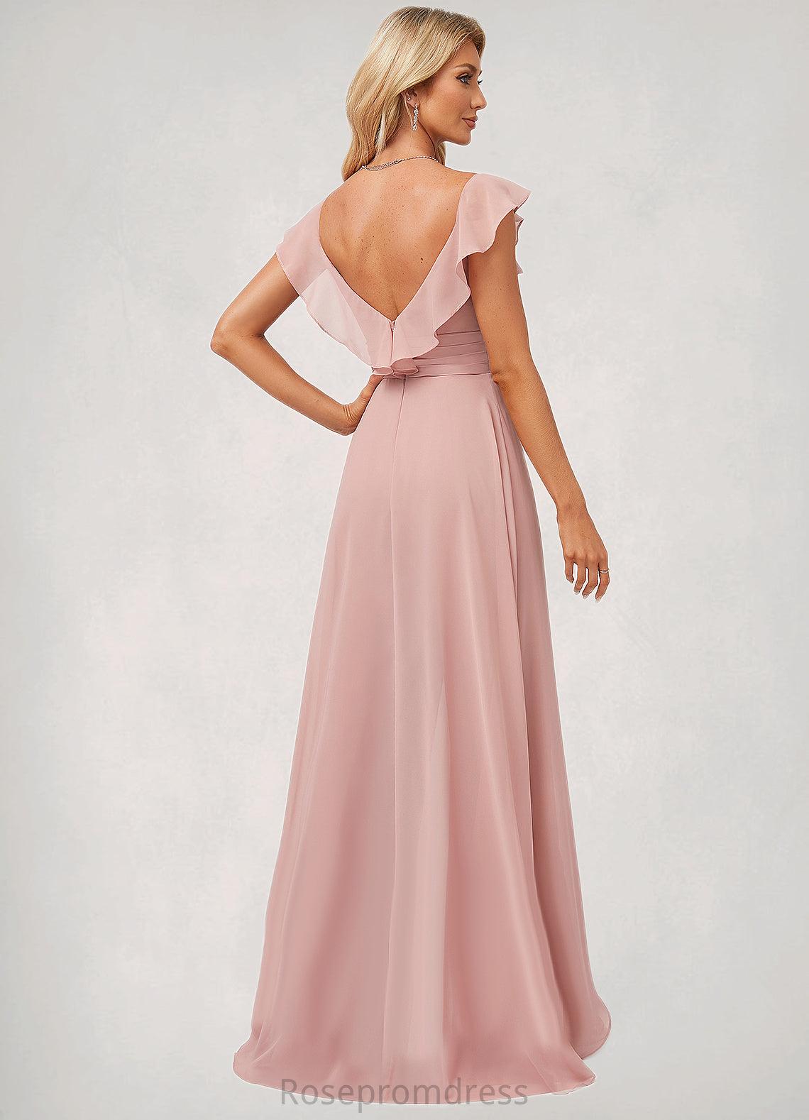 Ella Jumpsuit/Pantsuit V-Neck Floor-Length Chiffon Bridesmaid Dress With Ruffle SRSP0022600