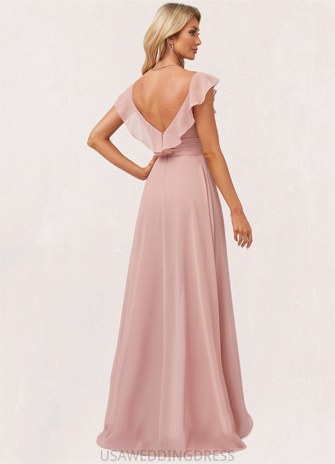 Alula Jumpsuit/Pantsuit V-Neck Floor-Length Chiffon Bridesmaid Dress With Ruffle DSP0022600
