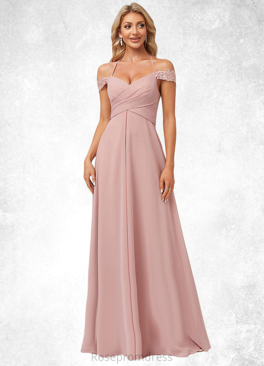 Camille A-line Cold Shoulder Halter Floor-Length Chiffon Lace Bridesmaid Dress SRSP0022601