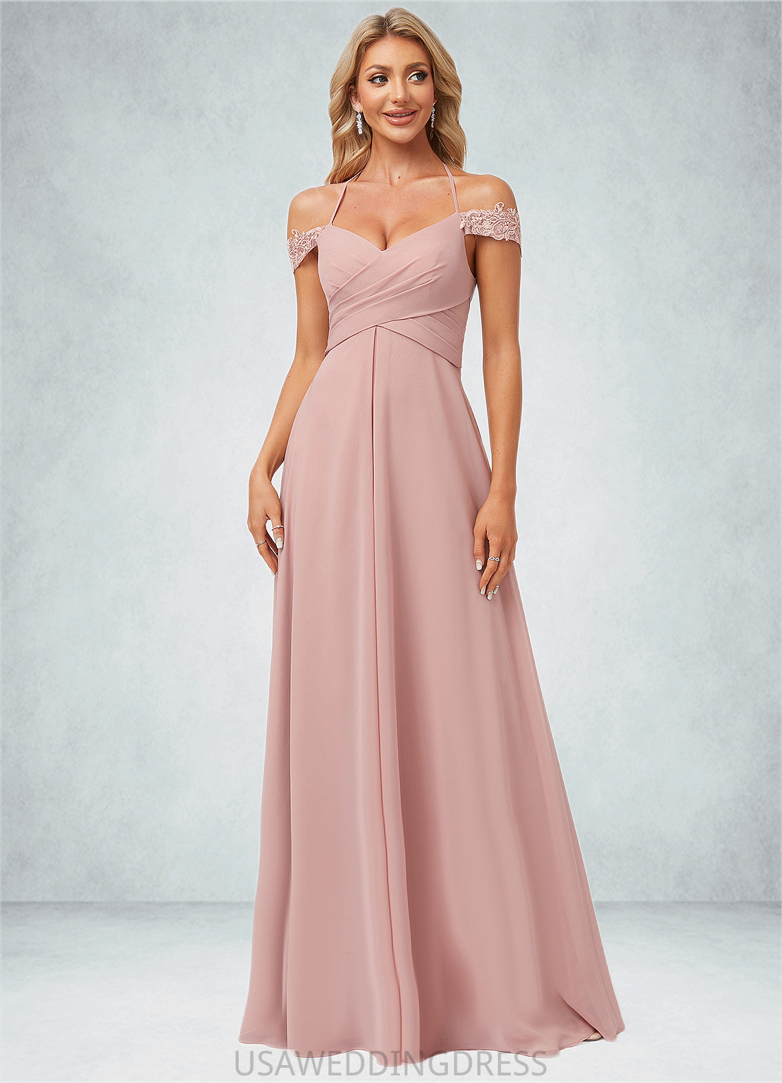 Penny A-line Cold Shoulder Halter Floor-Length Chiffon Lace Bridesmaid Dress DSP0022601
