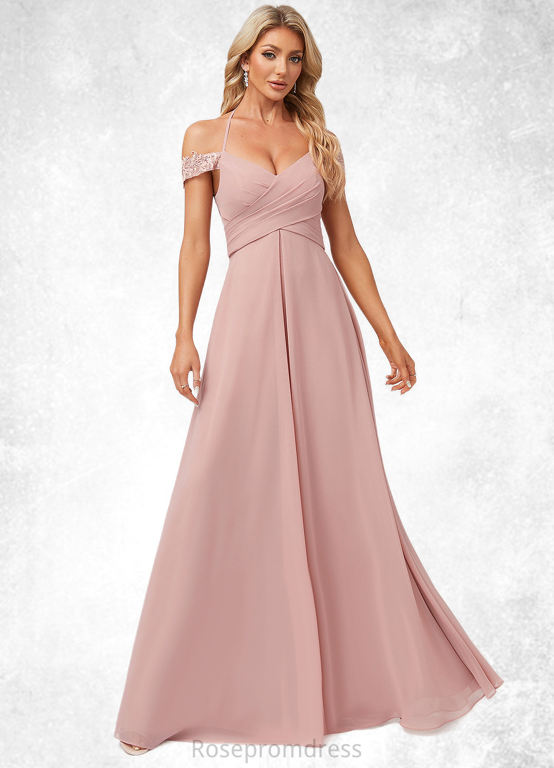 Camille A-line Cold Shoulder Halter Floor-Length Chiffon Lace Bridesmaid Dress SRSP0022601