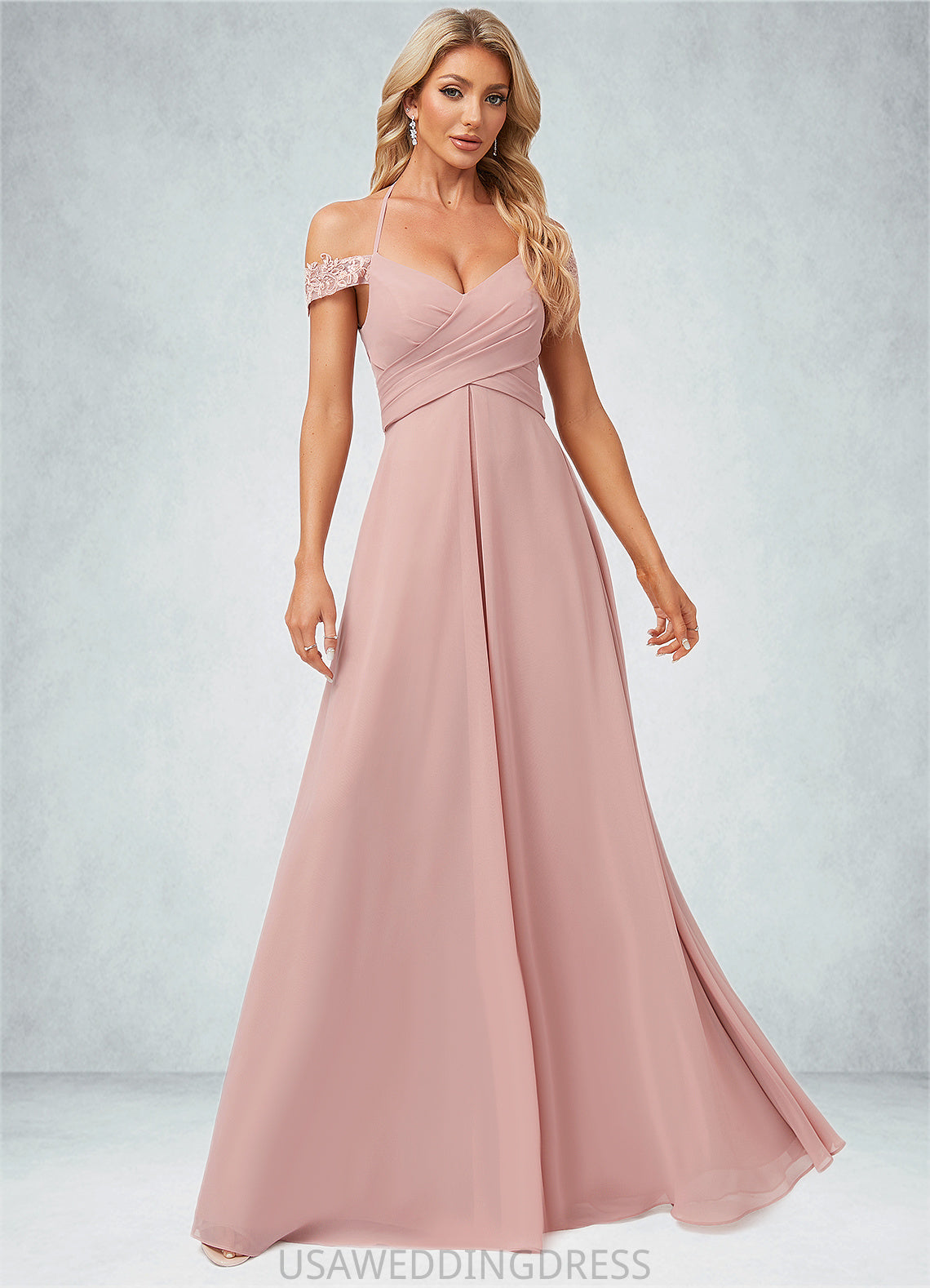 Penny A-line Cold Shoulder Halter Floor-Length Chiffon Lace Bridesmaid Dress DSP0022601
