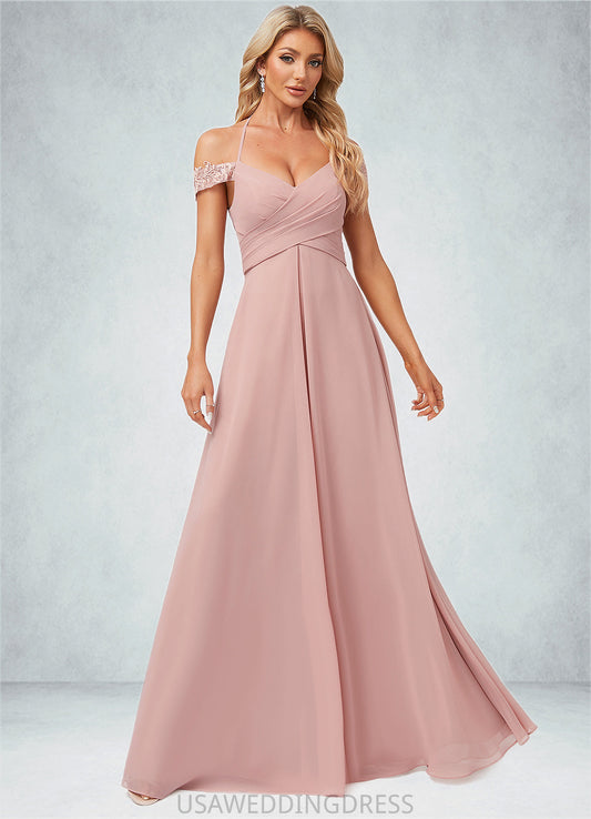 Penny A-line Cold Shoulder Halter Floor-Length Chiffon Lace Bridesmaid Dress DSP0022601