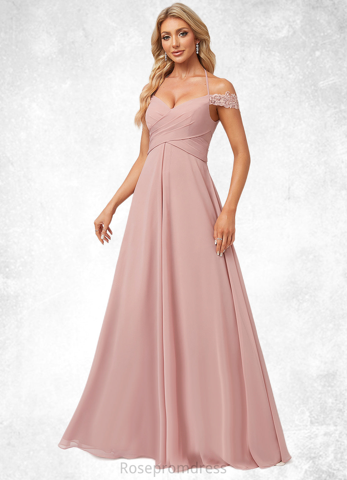 Camille A-line Cold Shoulder Halter Floor-Length Chiffon Lace Bridesmaid Dress SRSP0022601