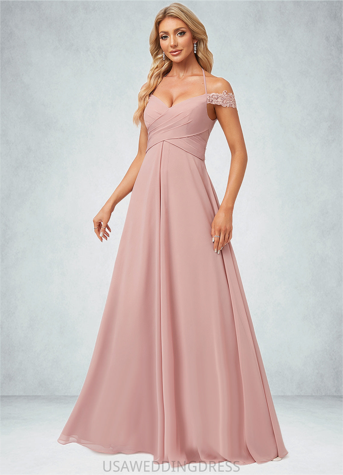 Penny A-line Cold Shoulder Halter Floor-Length Chiffon Lace Bridesmaid Dress DSP0022601