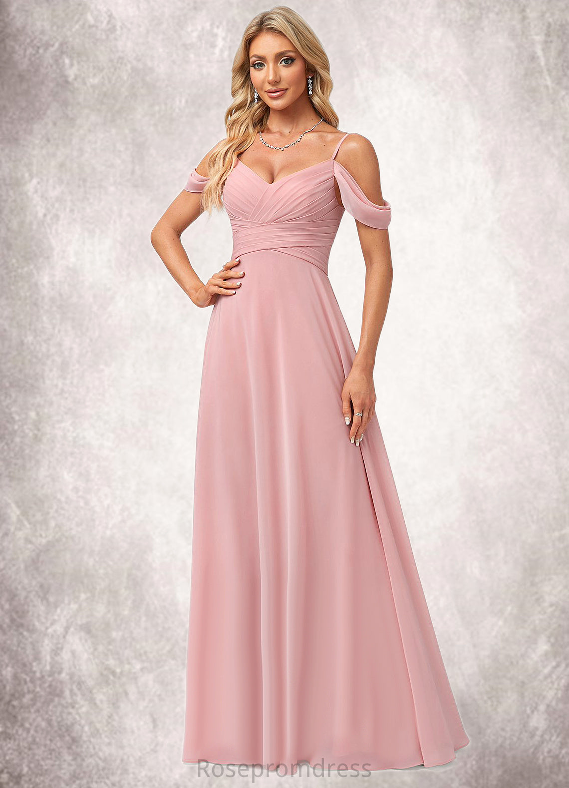 Gemma A-line Cold Shoulder Floor-Length Chiffon Bridesmaid Dress SRSP0022602