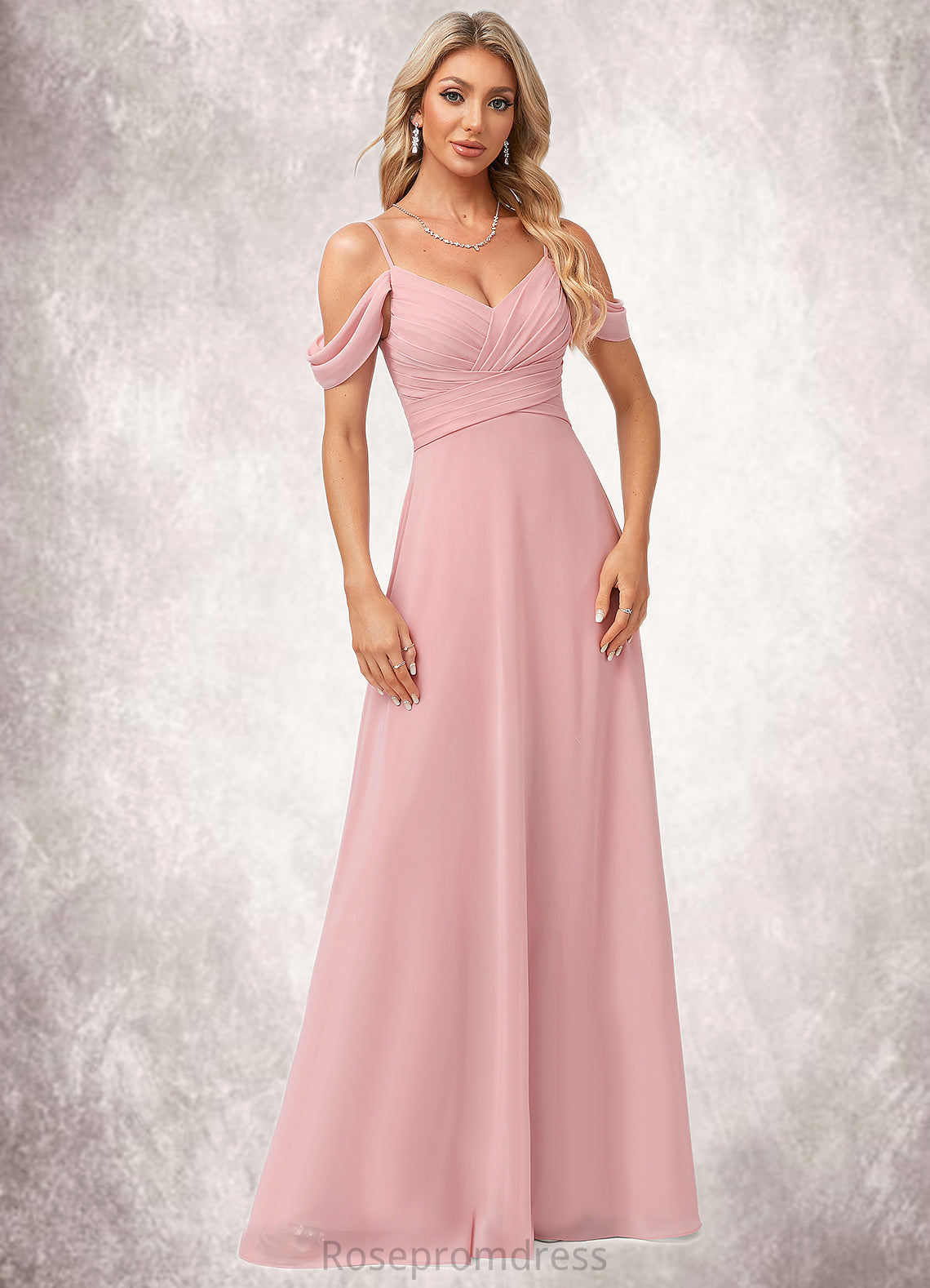 Gemma A-line Cold Shoulder Floor-Length Chiffon Bridesmaid Dress SRSP0022602