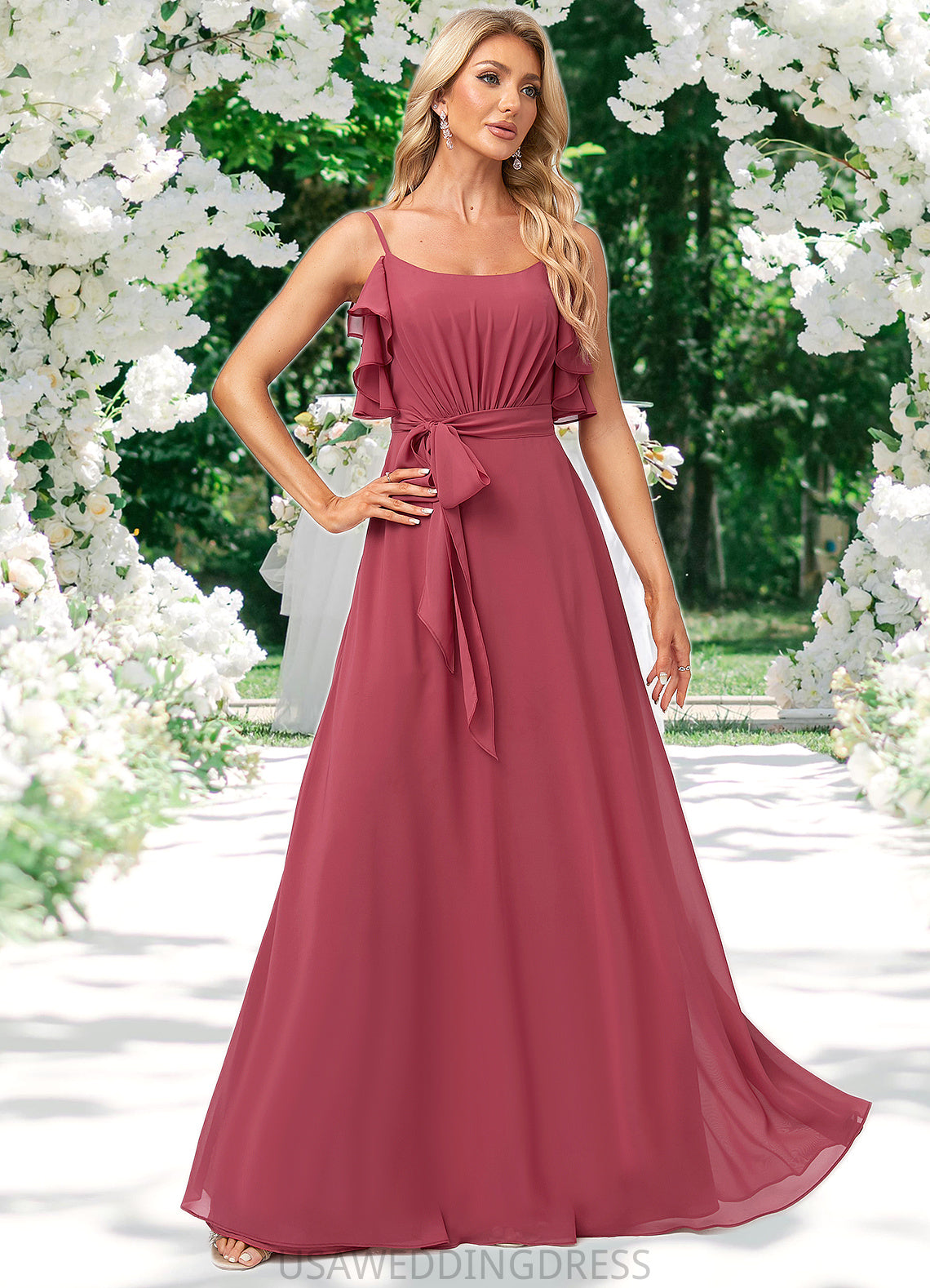 Cristal A-line V-Neck Floor-Length Chiffon Bridesmaid Dress With Ruffle DSP0022604