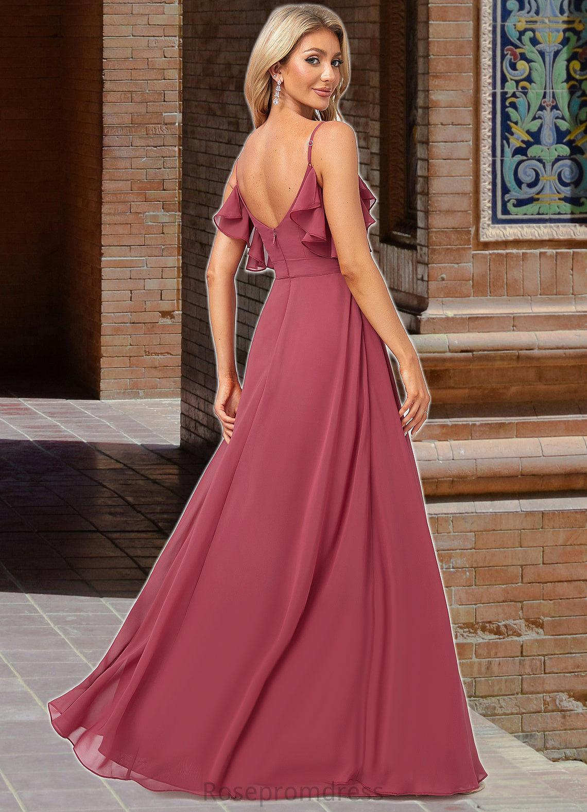 Avah A-line V-Neck Floor-Length Chiffon Bridesmaid Dress With Ruffle SRSP0022604
