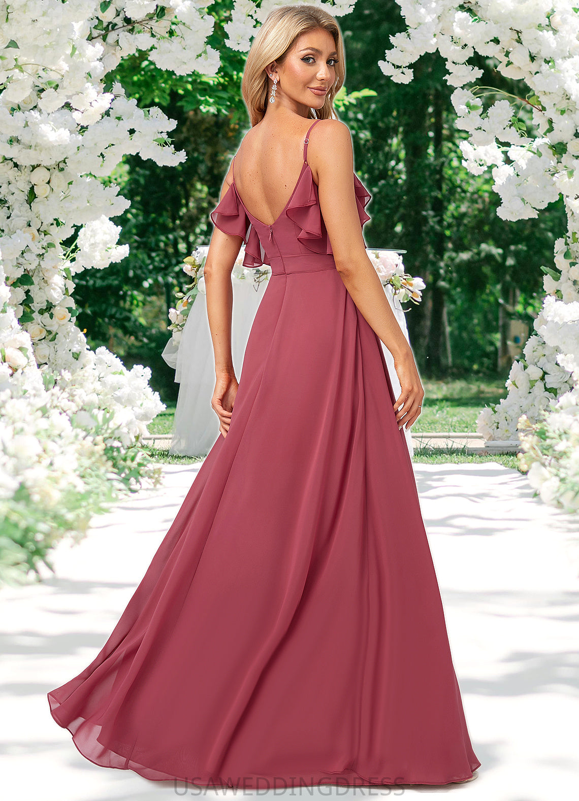 Cristal A-line V-Neck Floor-Length Chiffon Bridesmaid Dress With Ruffle DSP0022604