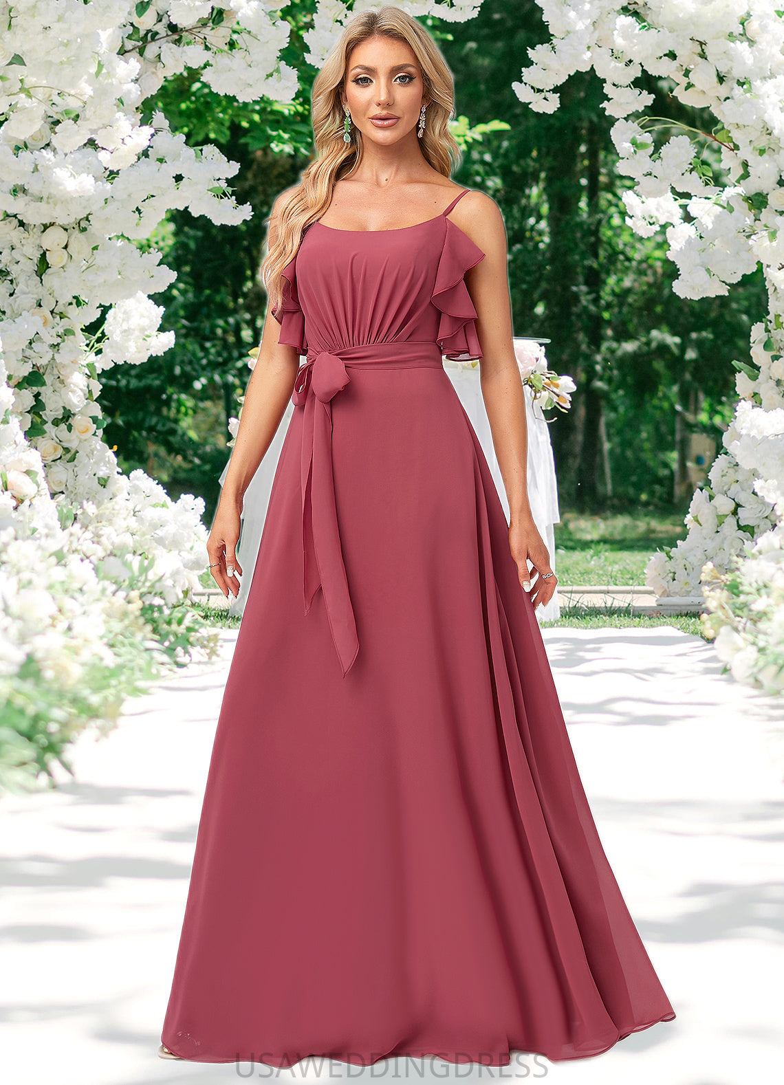Cristal A-line V-Neck Floor-Length Chiffon Bridesmaid Dress With Ruffle DSP0022604