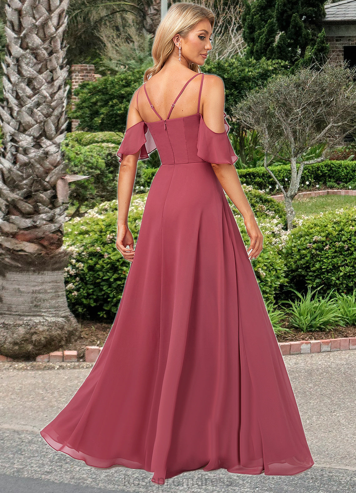 Lucia A-line Cold Shoulder Floor-Length Chiffon Bridesmaid Dress With Ruffle SRSP0022605