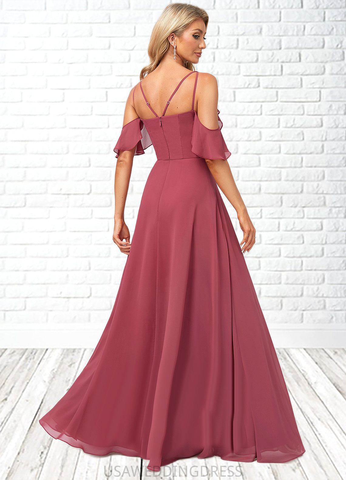 Marissa A-line Cold Shoulder Floor-Length Chiffon Bridesmaid Dress With Ruffle DSP0022605