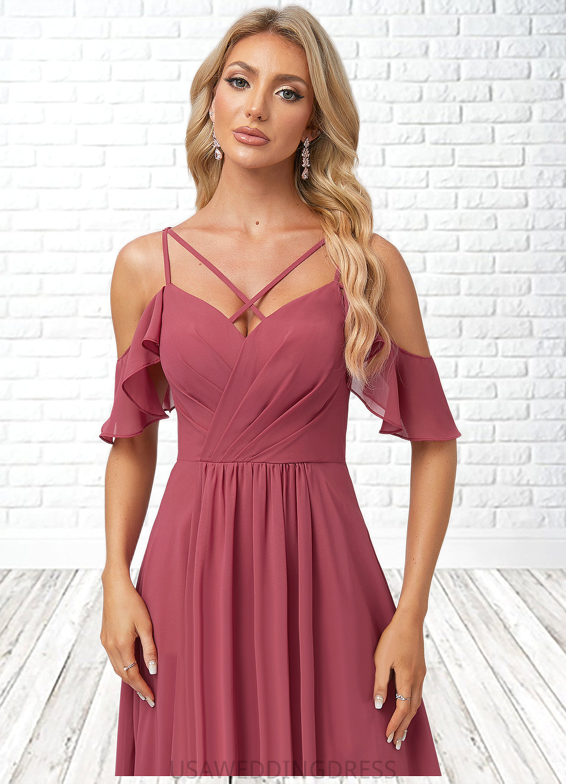 Marissa A-line Cold Shoulder Floor-Length Chiffon Bridesmaid Dress With Ruffle DSP0022605