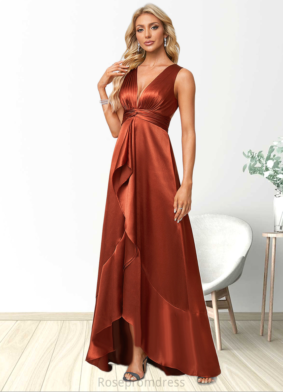 Haleigh A-line V-Neck Asymmetrical Stretch Satin Bridesmaid Dress With Ruffle SRSP0022606