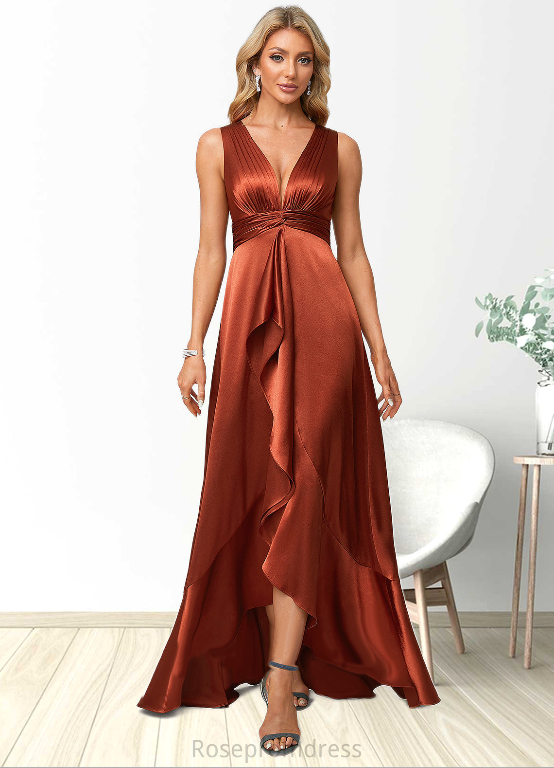 Haleigh A-line V-Neck Asymmetrical Stretch Satin Bridesmaid Dress With Ruffle SRSP0022606