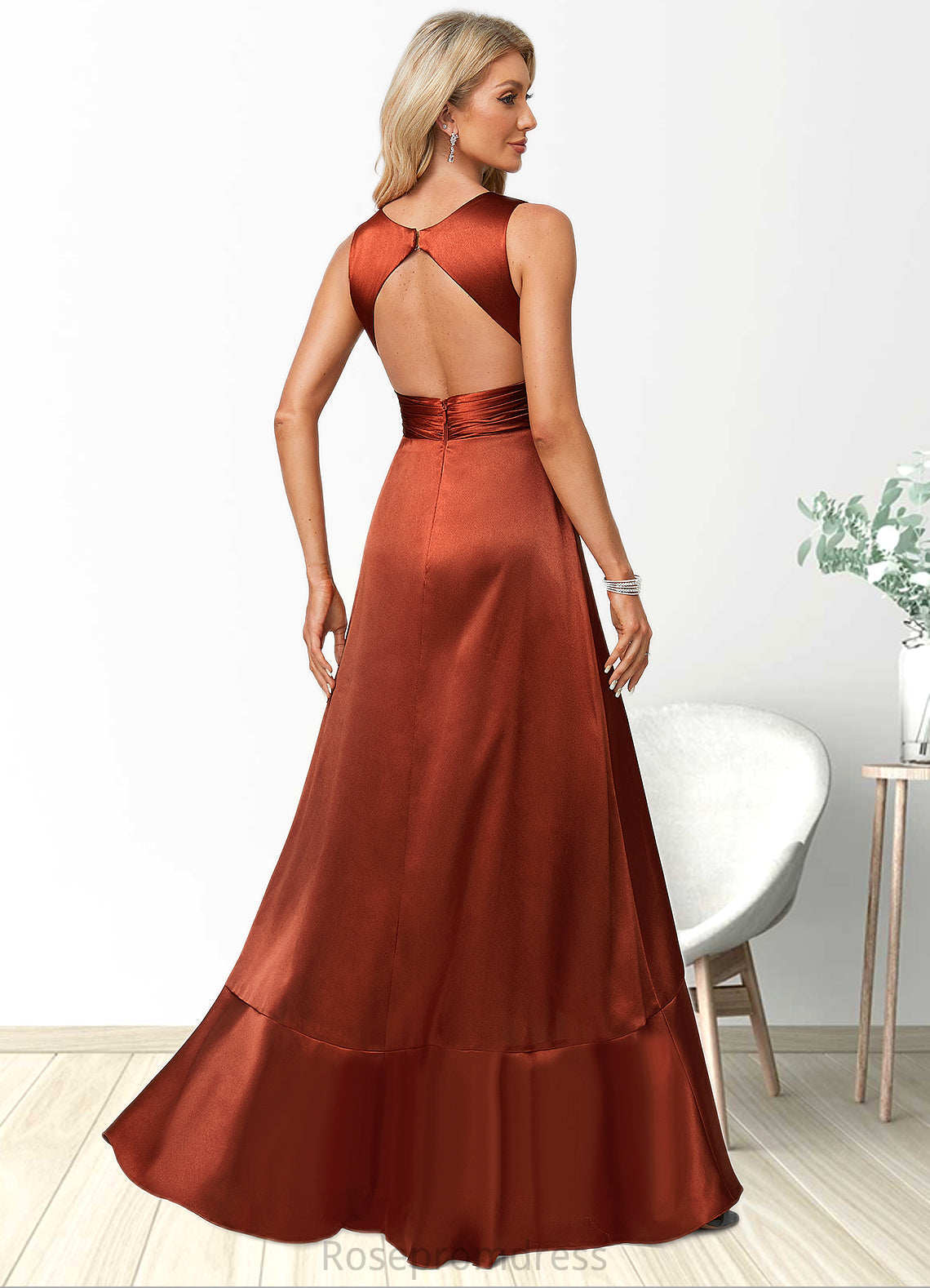 Haleigh A-line V-Neck Asymmetrical Stretch Satin Bridesmaid Dress With Ruffle SRSP0022606