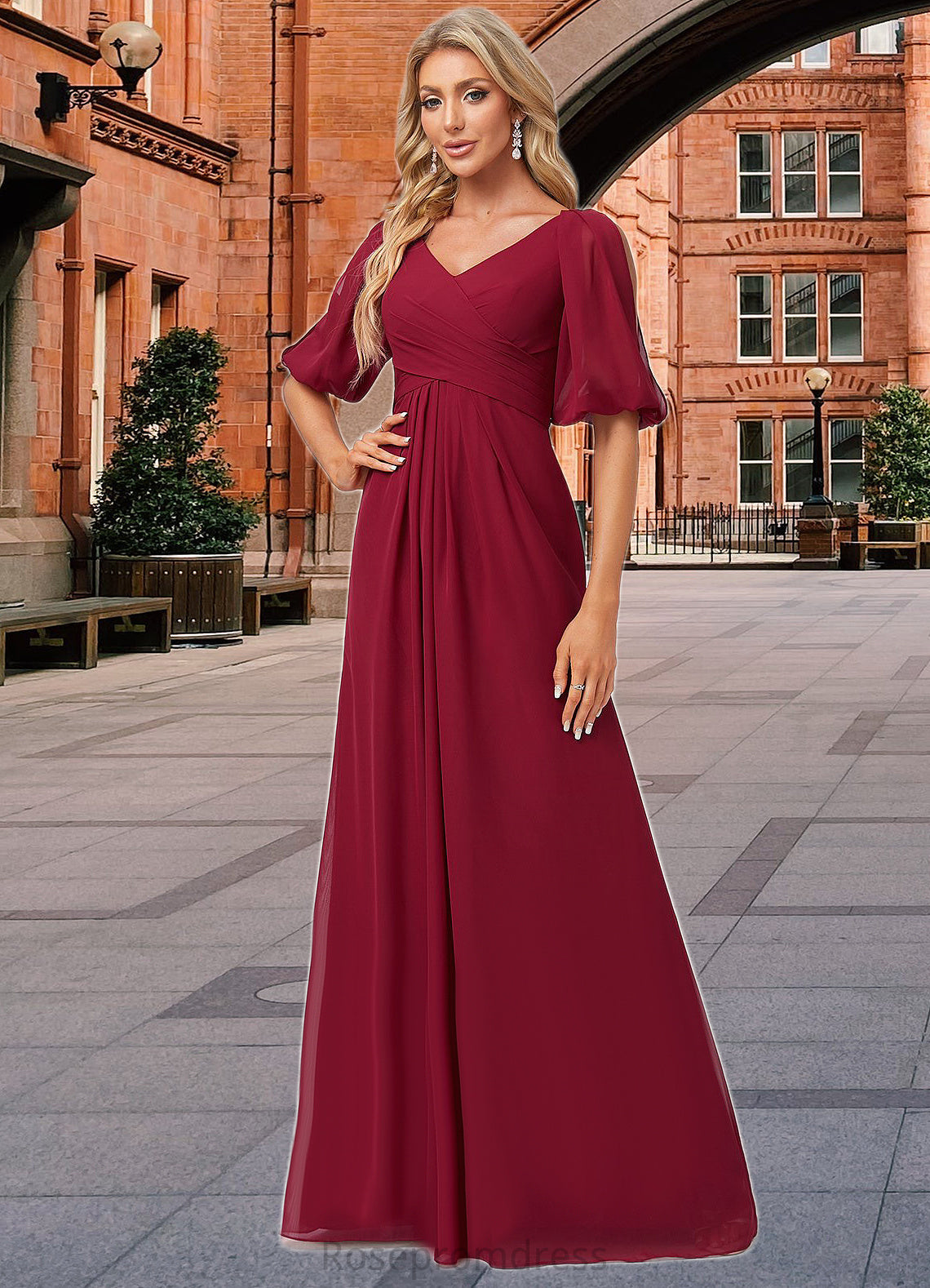 Celeste A-line V-Neck Floor-Length Chiffon Bridesmaid Dress SRSP0022608