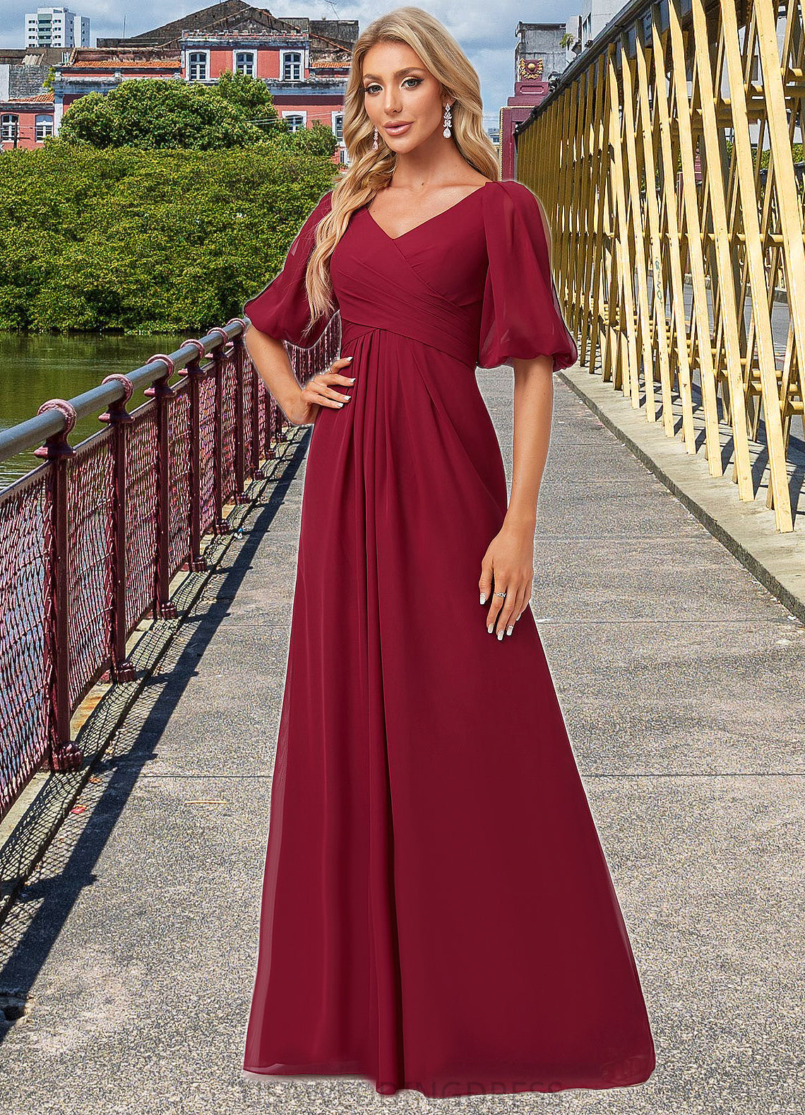 Mackenzie A-line V-Neck Floor-Length Chiffon Bridesmaid Dress DSP0022608