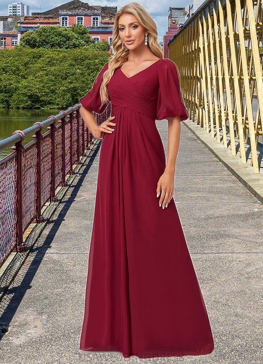 Mackenzie A-line V-Neck Floor-Length Chiffon Bridesmaid Dress DSP0022608