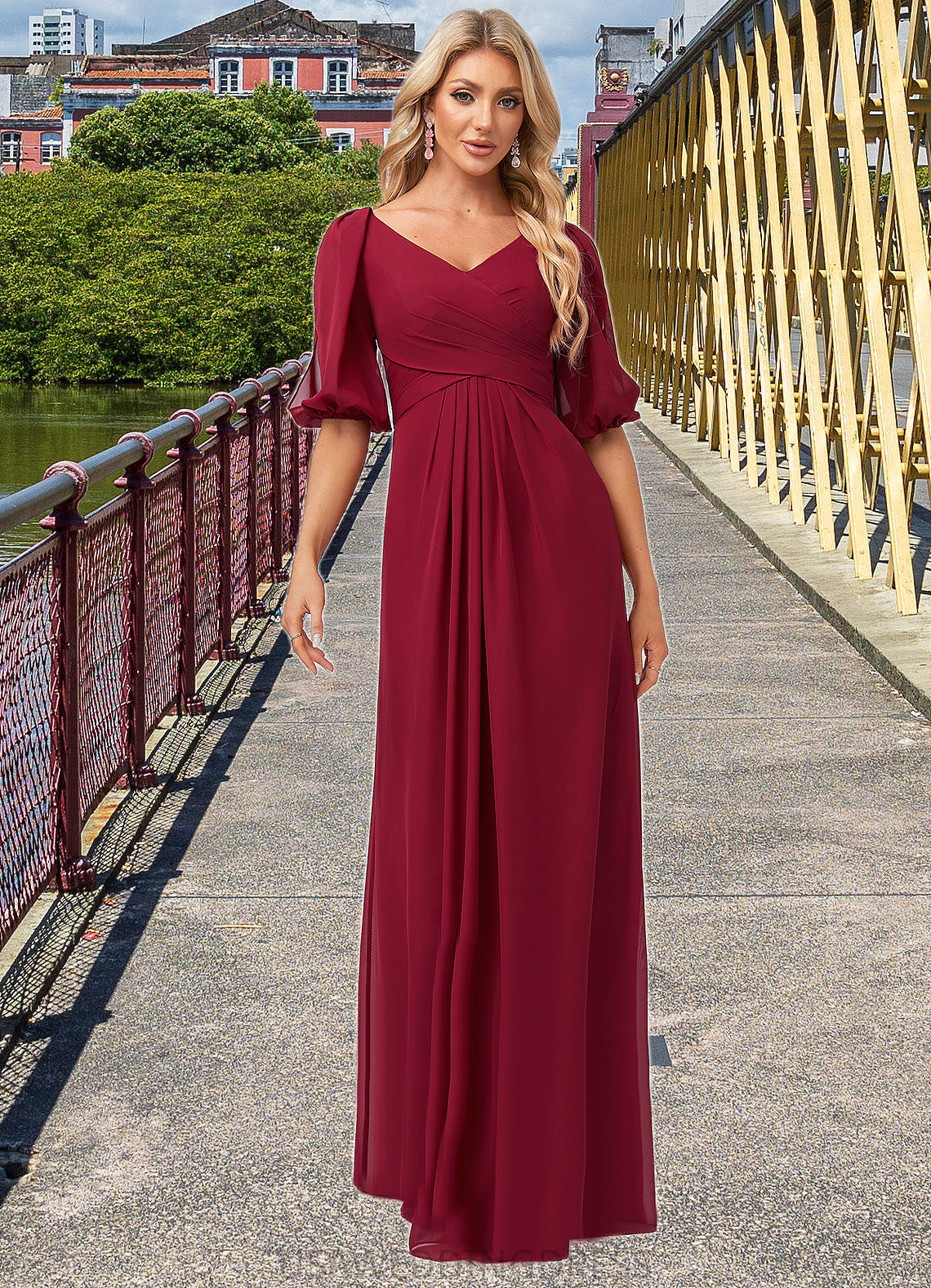 Mackenzie A-line V-Neck Floor-Length Chiffon Bridesmaid Dress DSP0022608