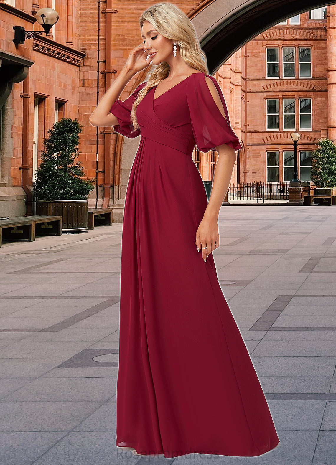 Celeste A-line V-Neck Floor-Length Chiffon Bridesmaid Dress SRSP0022608