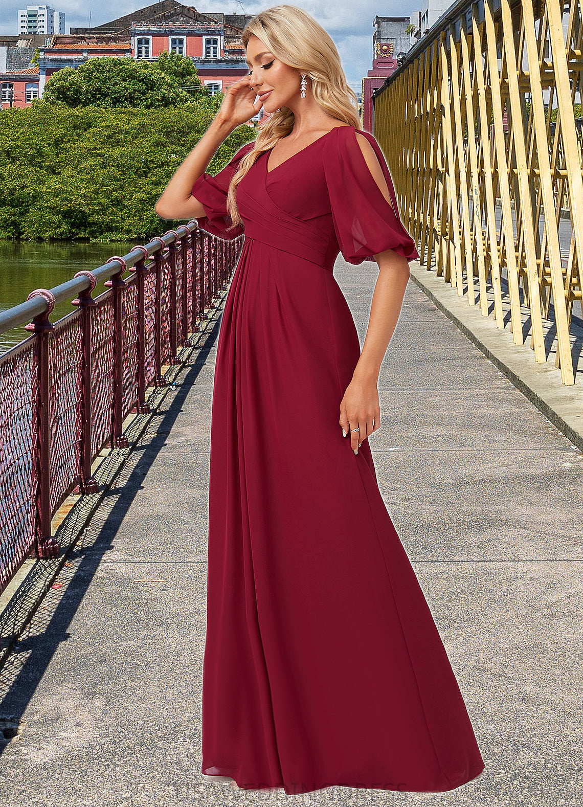 Mackenzie A-line V-Neck Floor-Length Chiffon Bridesmaid Dress DSP0022608