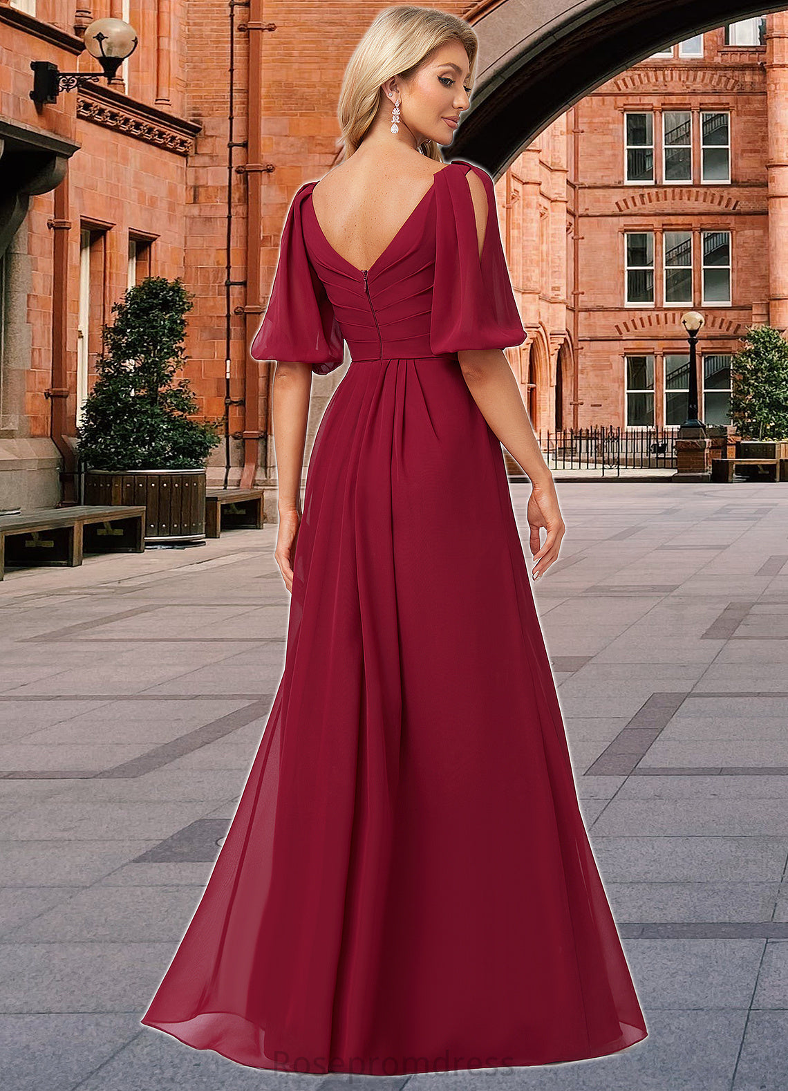 Celeste A-line V-Neck Floor-Length Chiffon Bridesmaid Dress SRSP0022608
