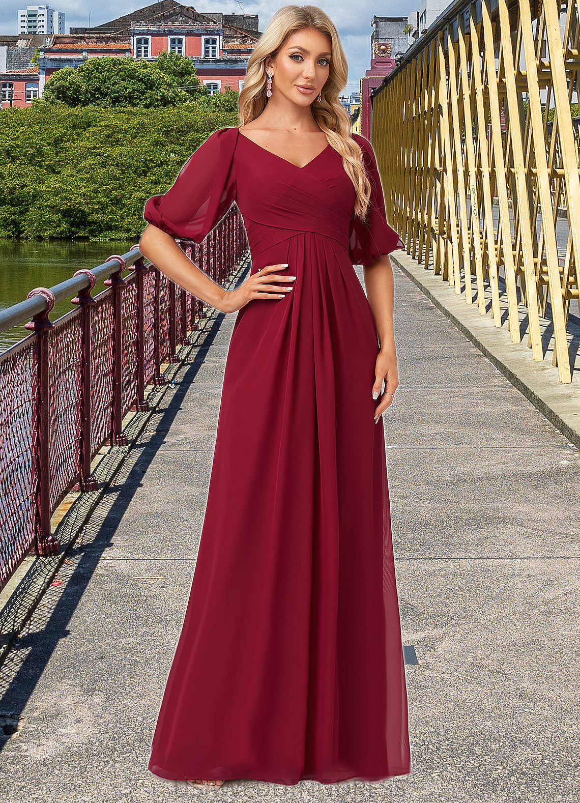 Mackenzie A-line V-Neck Floor-Length Chiffon Bridesmaid Dress DSP0022608