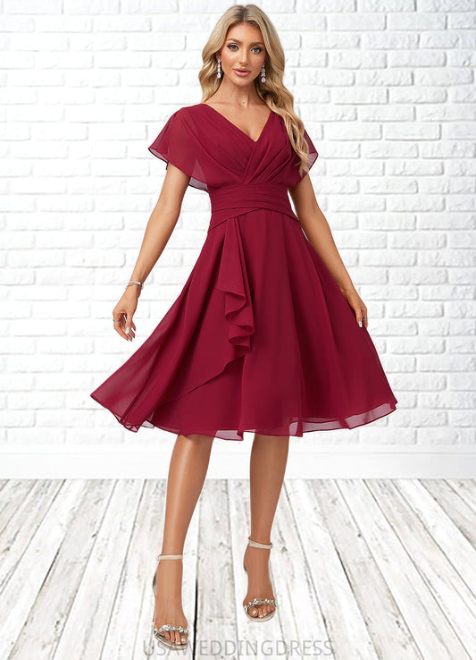 Mckayla A-line V-Neck Knee-Length Chiffon Bridesmaid Dress With Ruffle DSP0022609