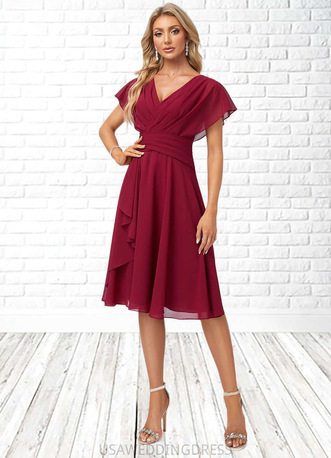 Mckayla A-line V-Neck Knee-Length Chiffon Bridesmaid Dress With Ruffle DSP0022609