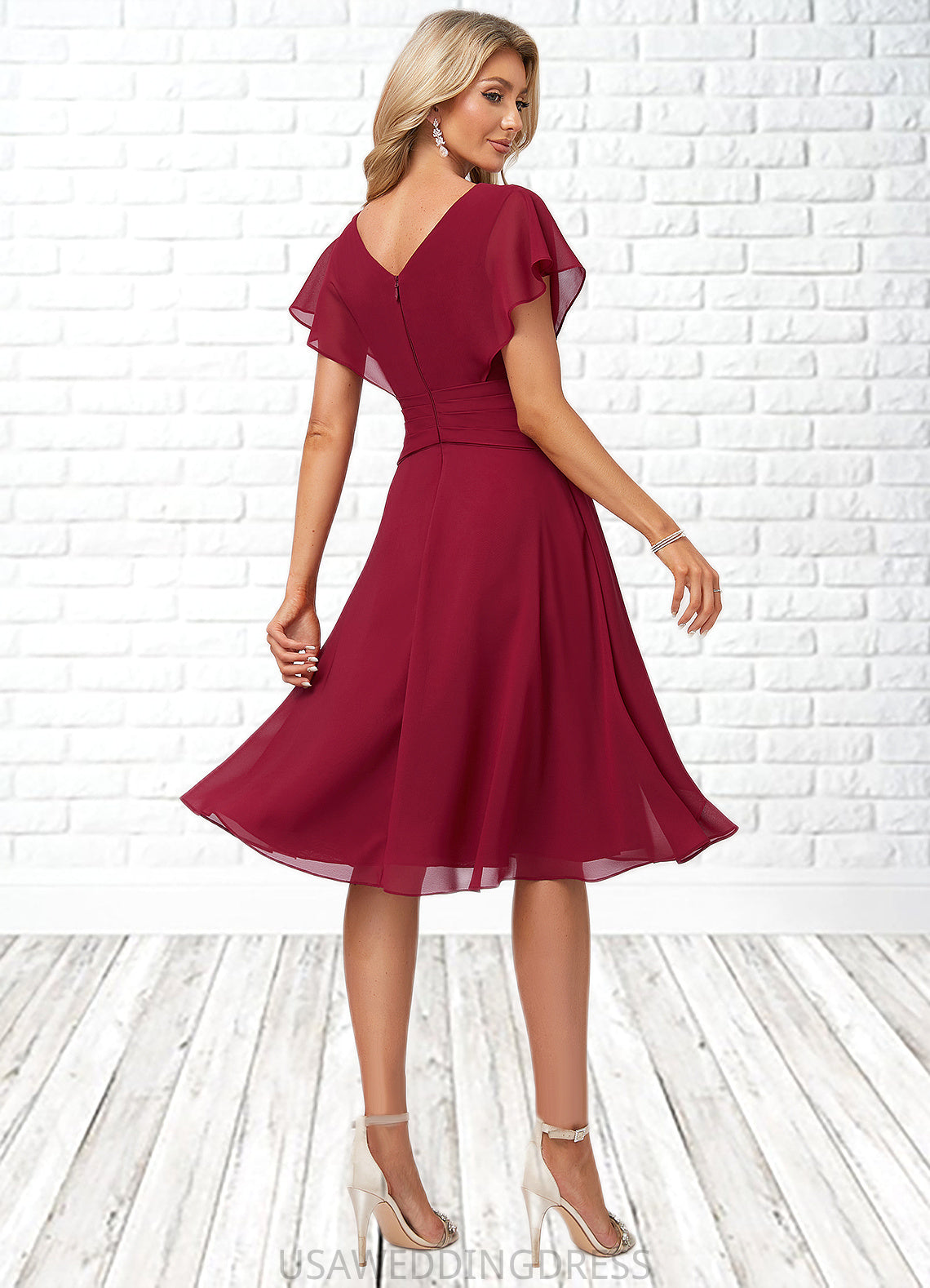 Mckayla A-line V-Neck Knee-Length Chiffon Bridesmaid Dress With Ruffle DSP0022609