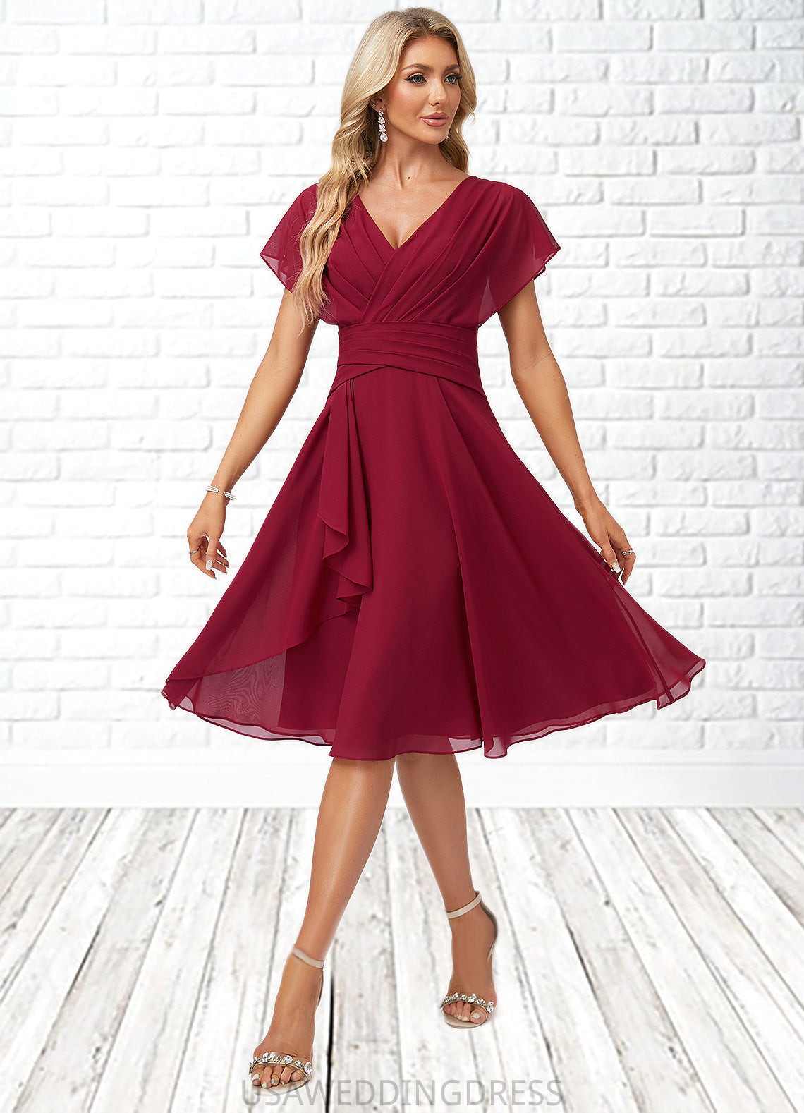 Mckayla A-line V-Neck Knee-Length Chiffon Bridesmaid Dress With Ruffle DSP0022609
