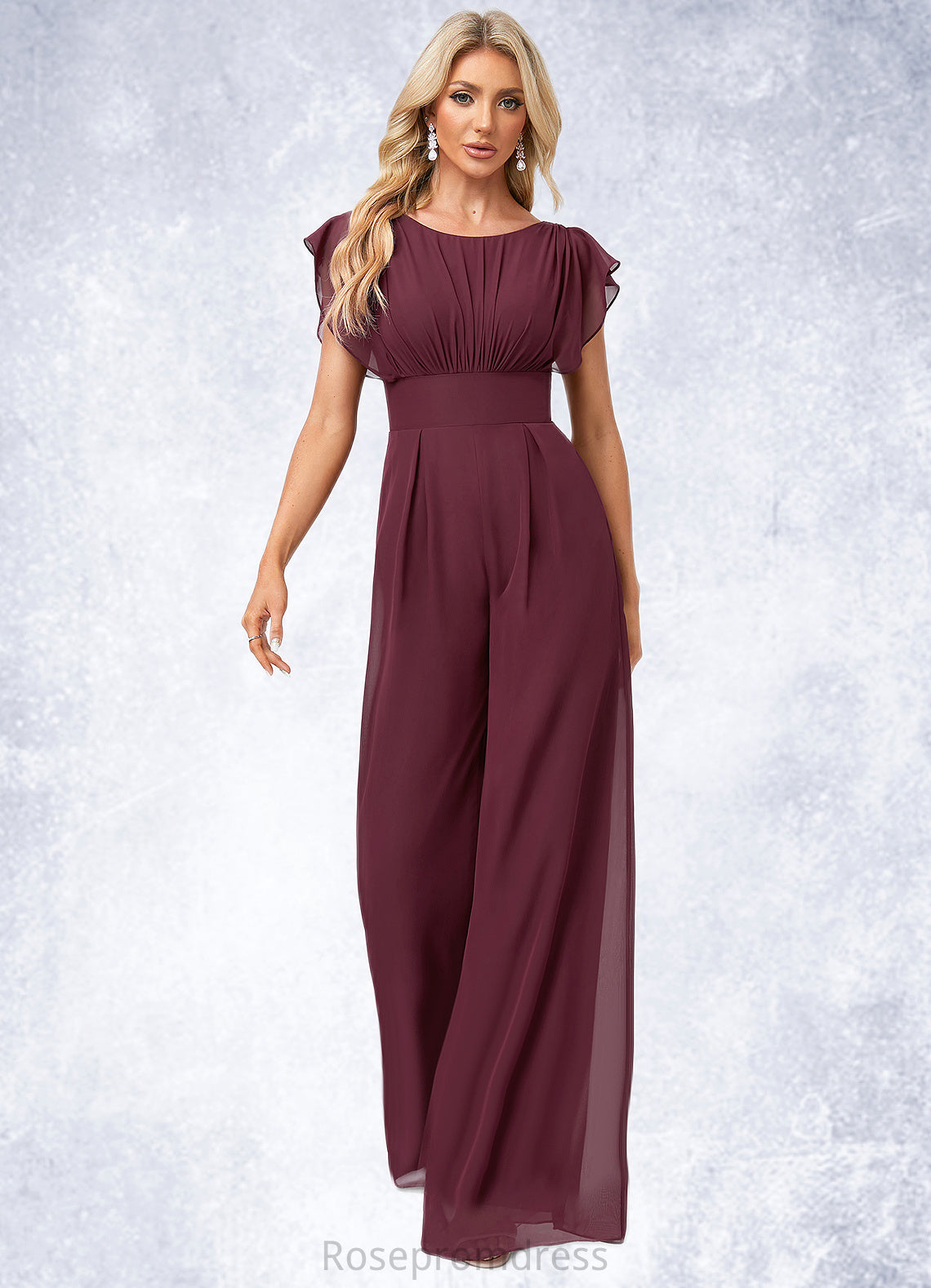 Melanie Jumpsuit/Pantsuit Scoop Floor-Length Chiffon Bridesmaid Dress With Ruffle SRSP0022610