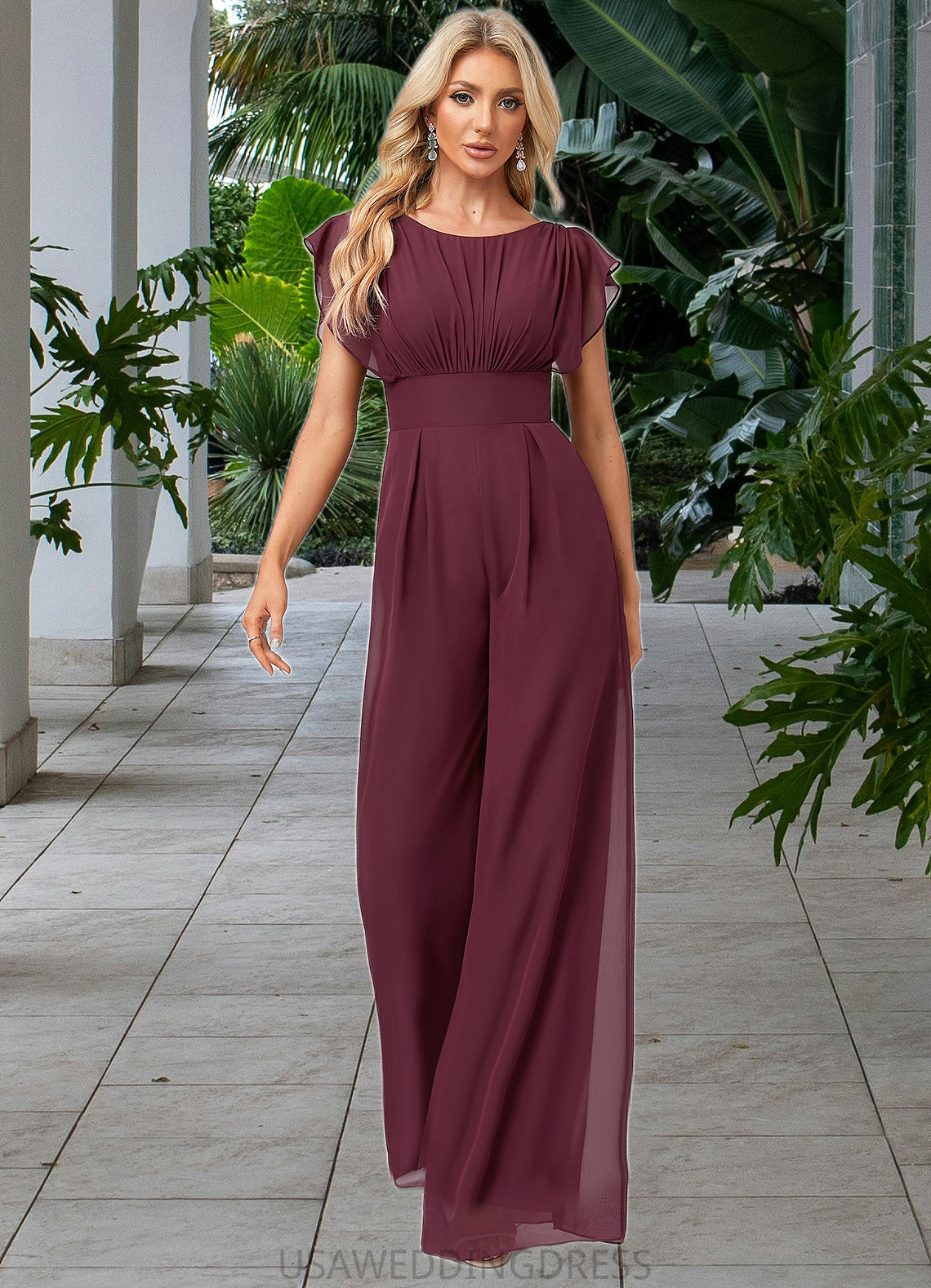 Amina Jumpsuit/Pantsuit Scoop Floor-Length Chiffon Bridesmaid Dress With Ruffle DSP0022610