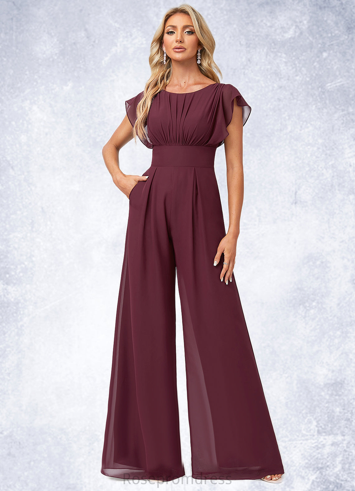 Melanie Jumpsuit/Pantsuit Scoop Floor-Length Chiffon Bridesmaid Dress With Ruffle SRSP0022610