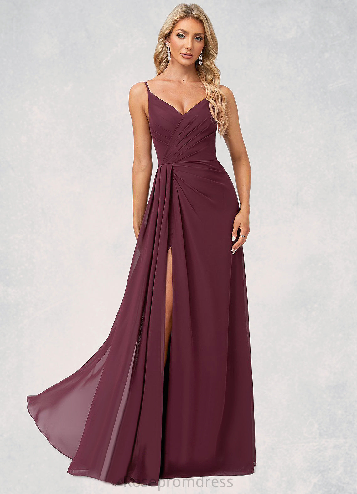 Kay A-line V-Neck Floor-Length Chiffon Bridesmaid Dress With Ruffle SRSP0022611