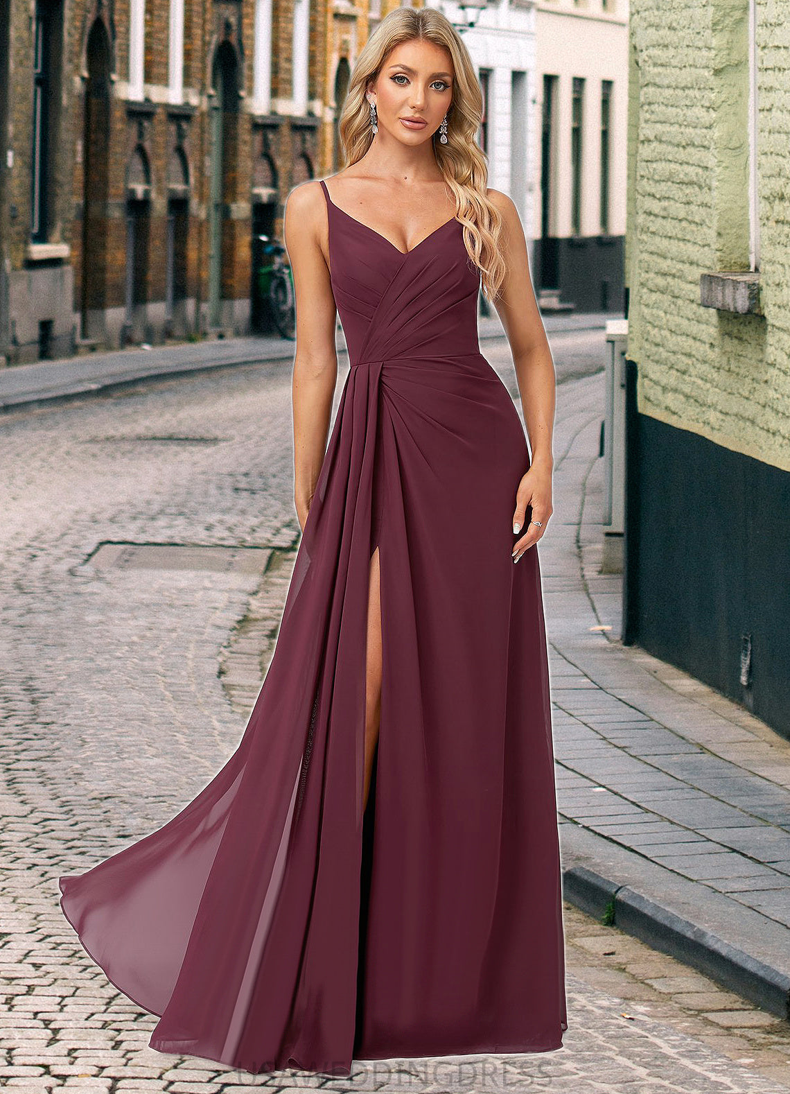 Camille A-line V-Neck Floor-Length Chiffon Bridesmaid Dress With Ruffle DSP0022611