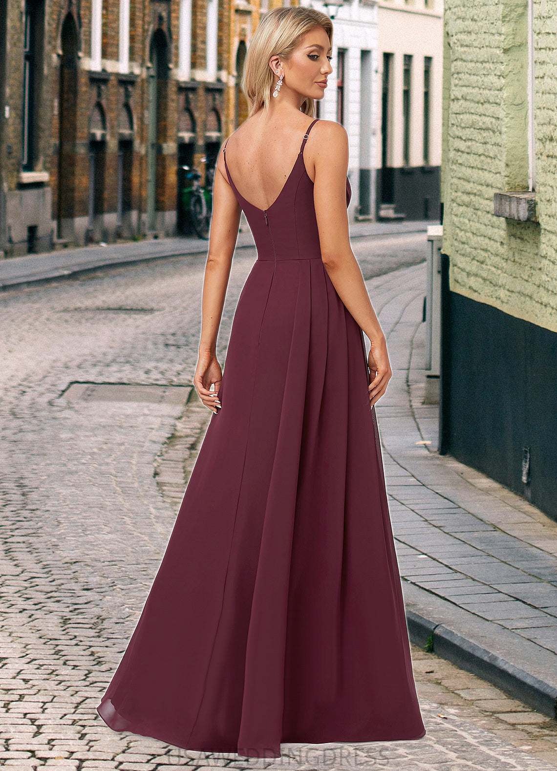 Camille A-line V-Neck Floor-Length Chiffon Bridesmaid Dress With Ruffle DSP0022611