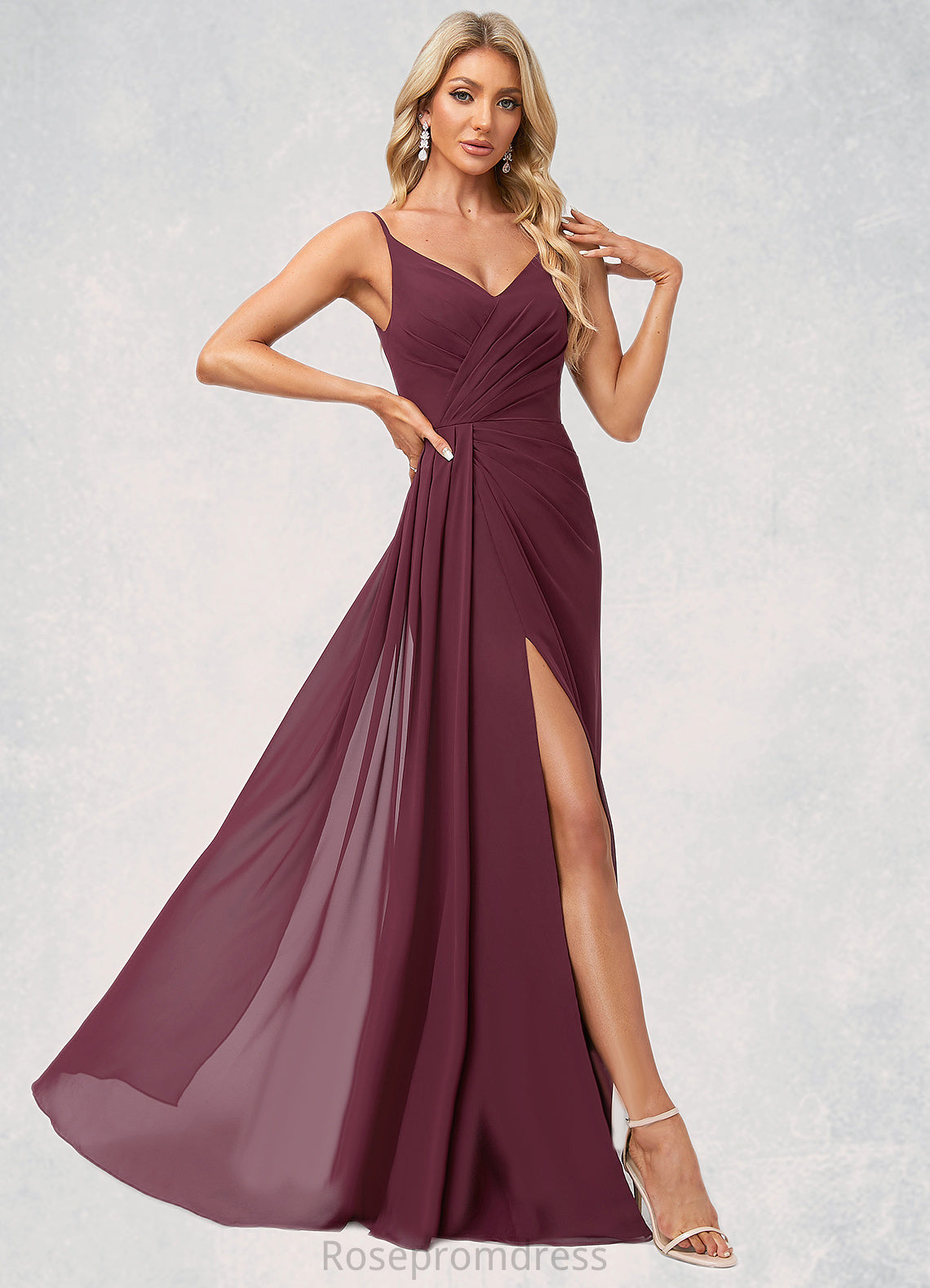 Kay A-line V-Neck Floor-Length Chiffon Bridesmaid Dress With Ruffle SRSP0022611
