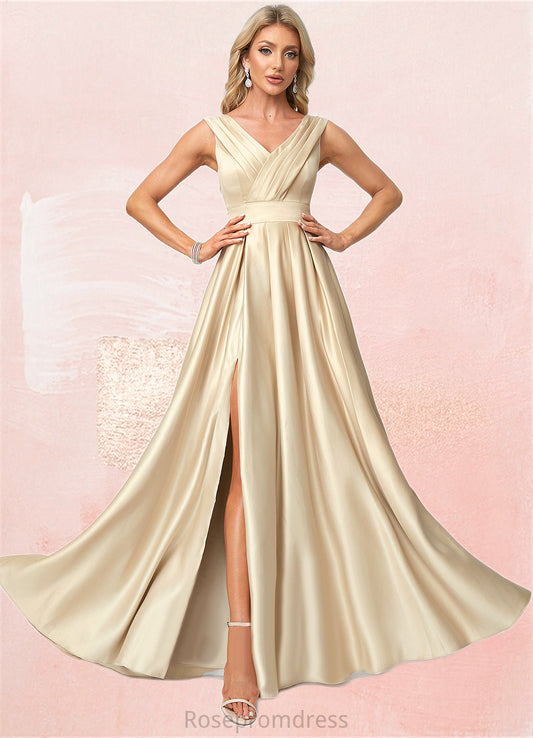 Marcie A-line V-Neck Floor-Length Satin Bridesmaid Dress SRSP0022612