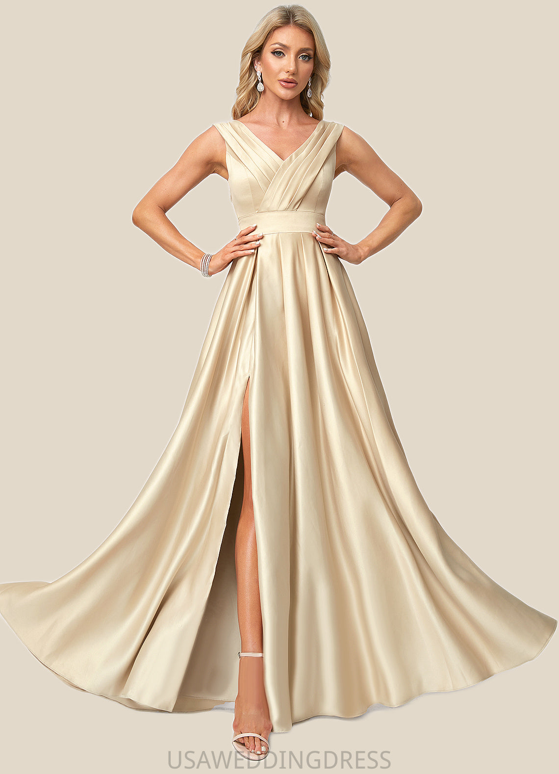 Harmony A-line V-Neck Floor-Length Satin Bridesmaid Dress DSP0022612
