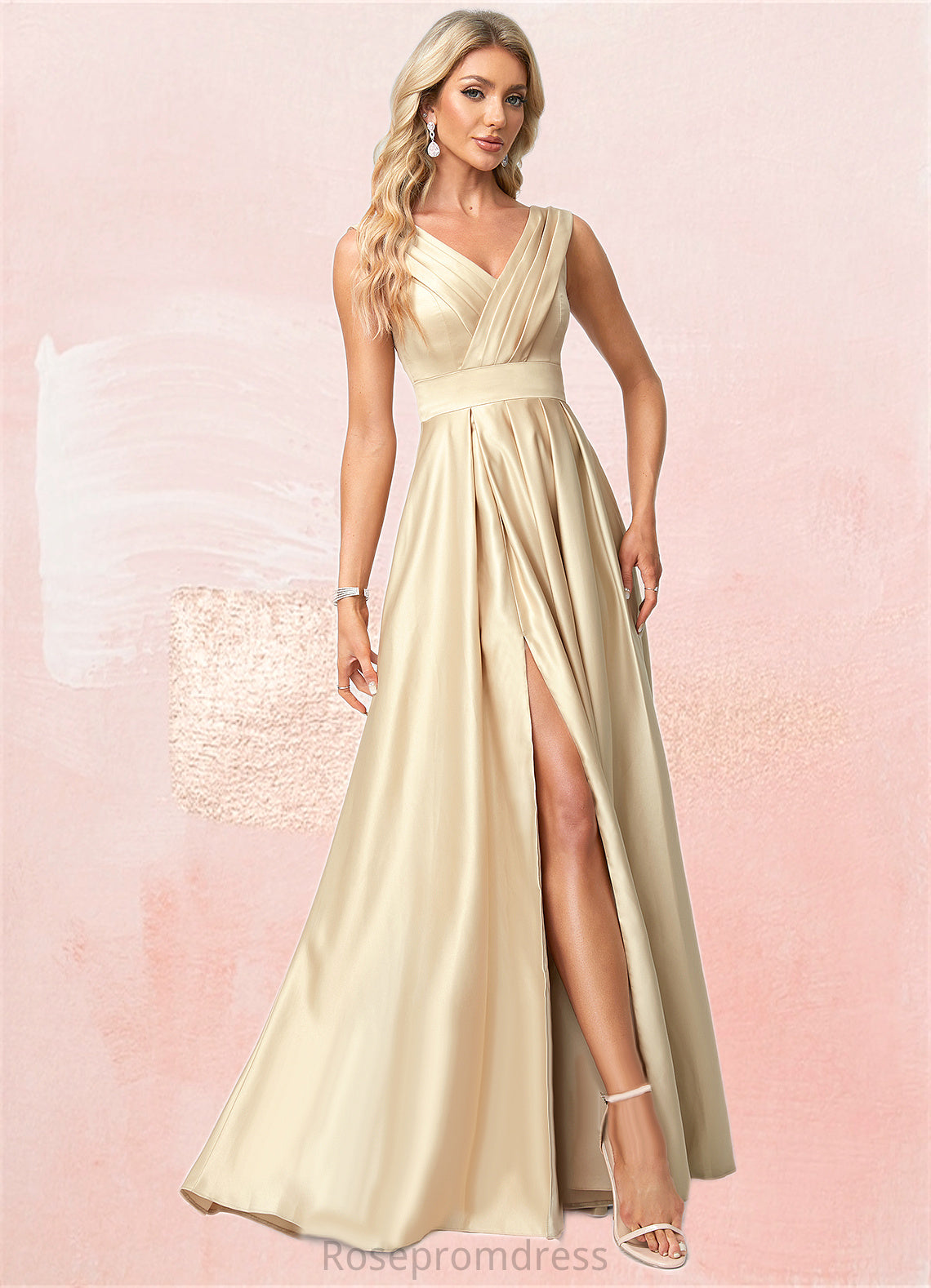 Marcie A-line V-Neck Floor-Length Satin Bridesmaid Dress SRSP0022612