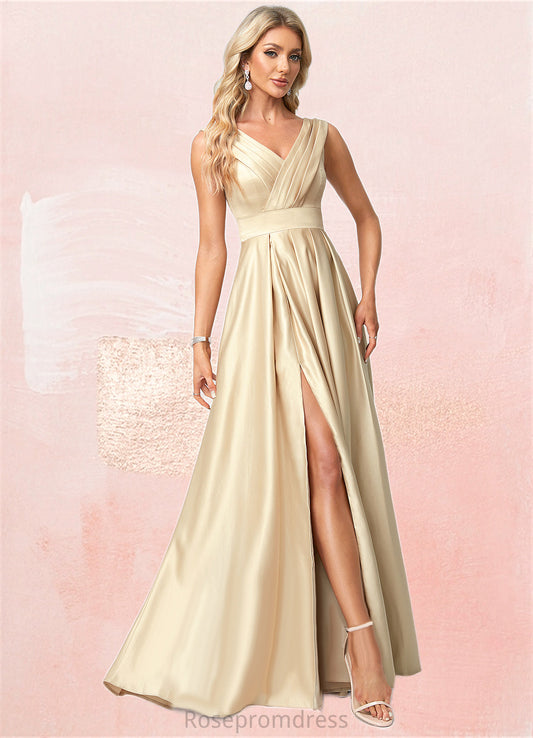 Marcie A-line V-Neck Floor-Length Satin Bridesmaid Dress SRSP0022612